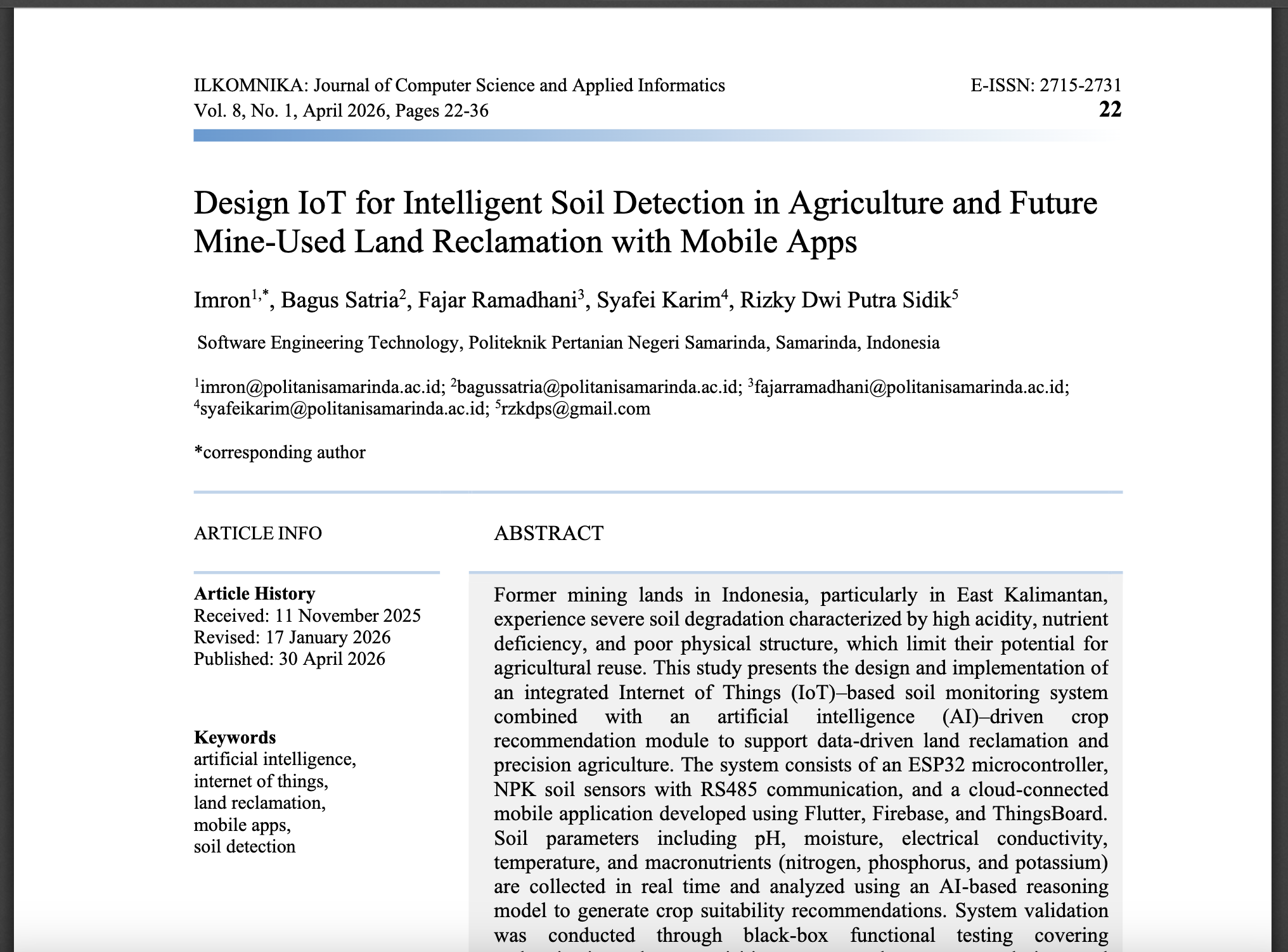 Jurnal Design IoT for Intelligent Soil Detection in Agriculture and Future Mine-Used Land Reclamation with Mobile Apps